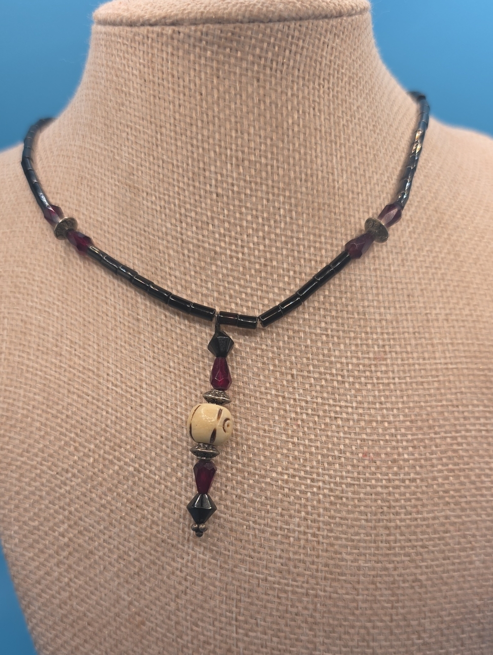 Handcrafted Hematite and Burgundy Beaded Pendant Necklace